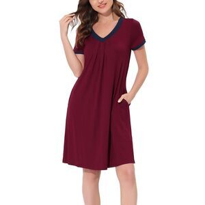 Womens Nightshirt Sleepwear Lounge Dress V-Neck with Pockets Pajama Red